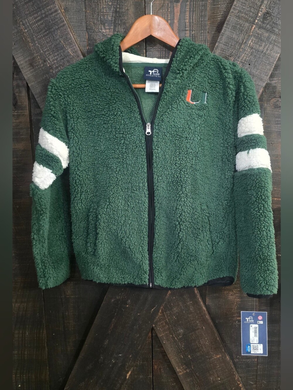 Green Sherpa Miami Hurricanw Hoodie with White Sleeve Stripes - Kids Large